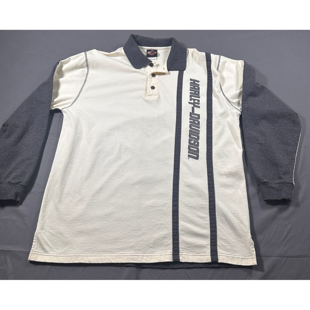Y2K Harley-Davidson Mens Large Long Sleeve Polo Shirt Myrtle Beach SC Cream Grey